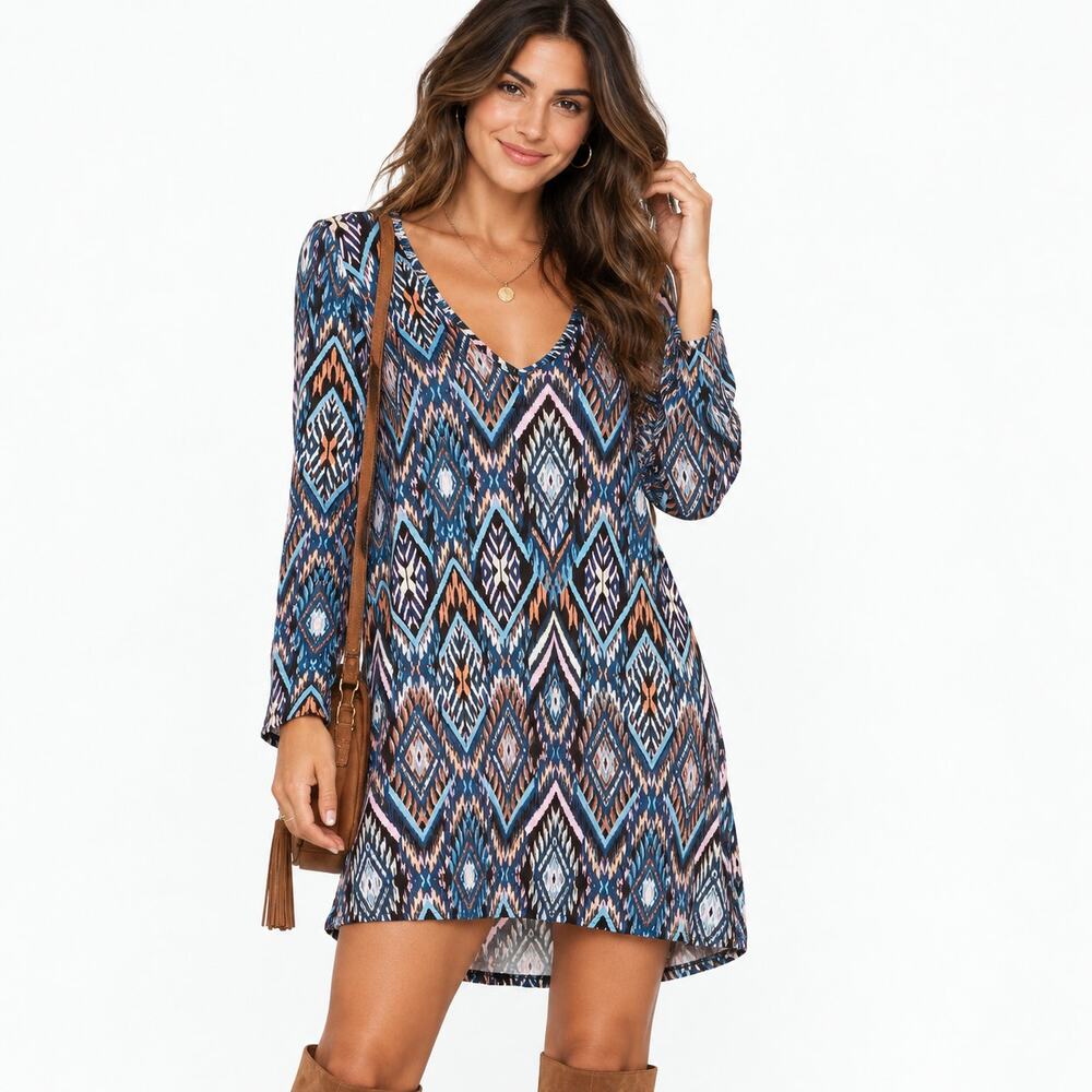 Michael Lauren Kyle Dress Womens XS Colorful IKAT V Neck Long Sleeve Prism Mini